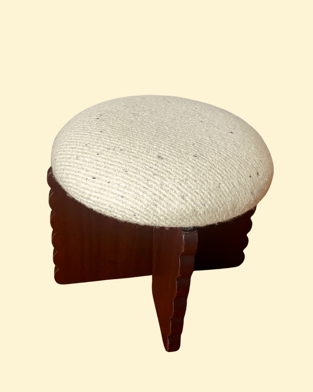 Scalloped Sapele Stool with Wool Upholstered Round Cushion