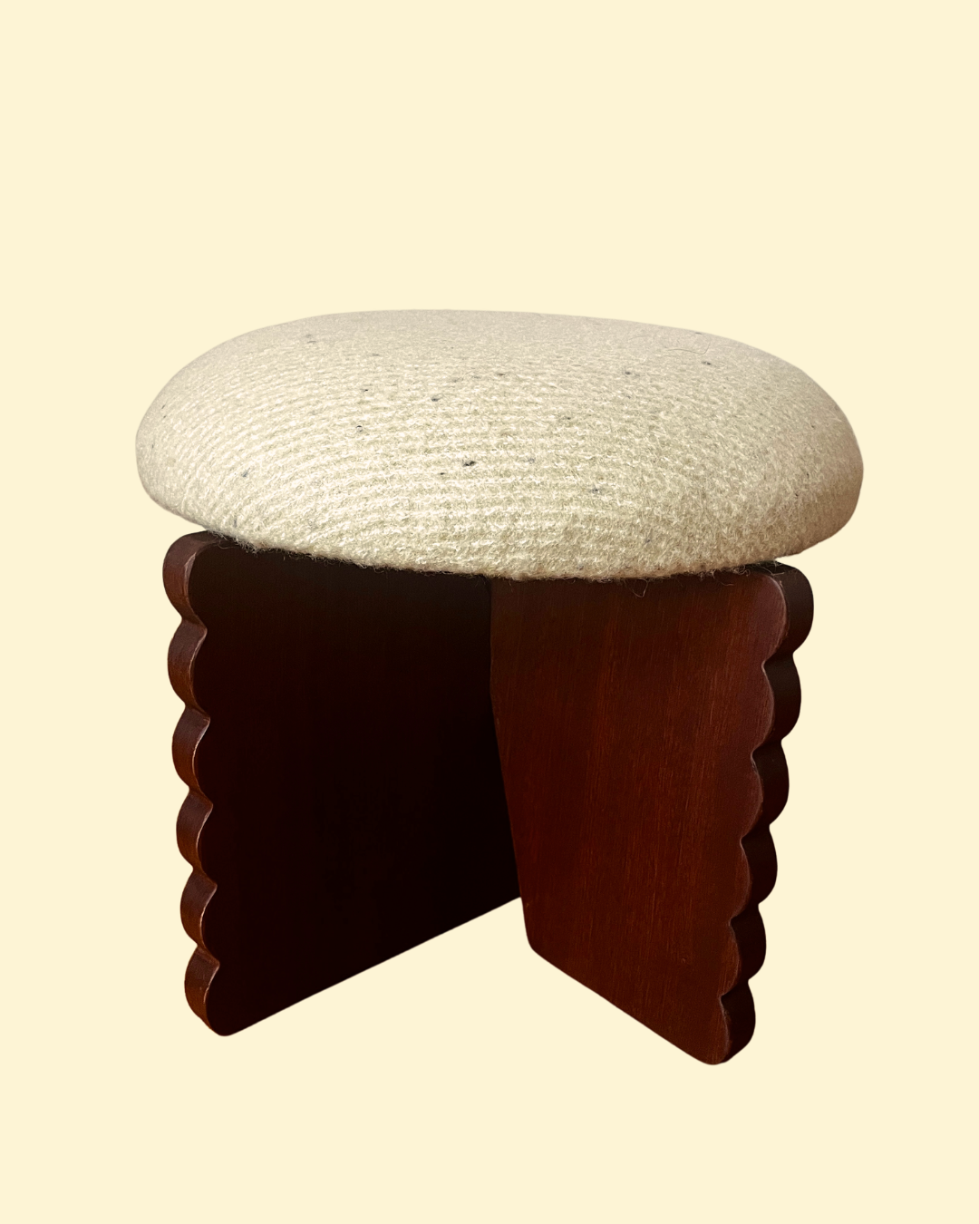 Scalloped Sapele Stool with Wool Upholstered Round Cushion