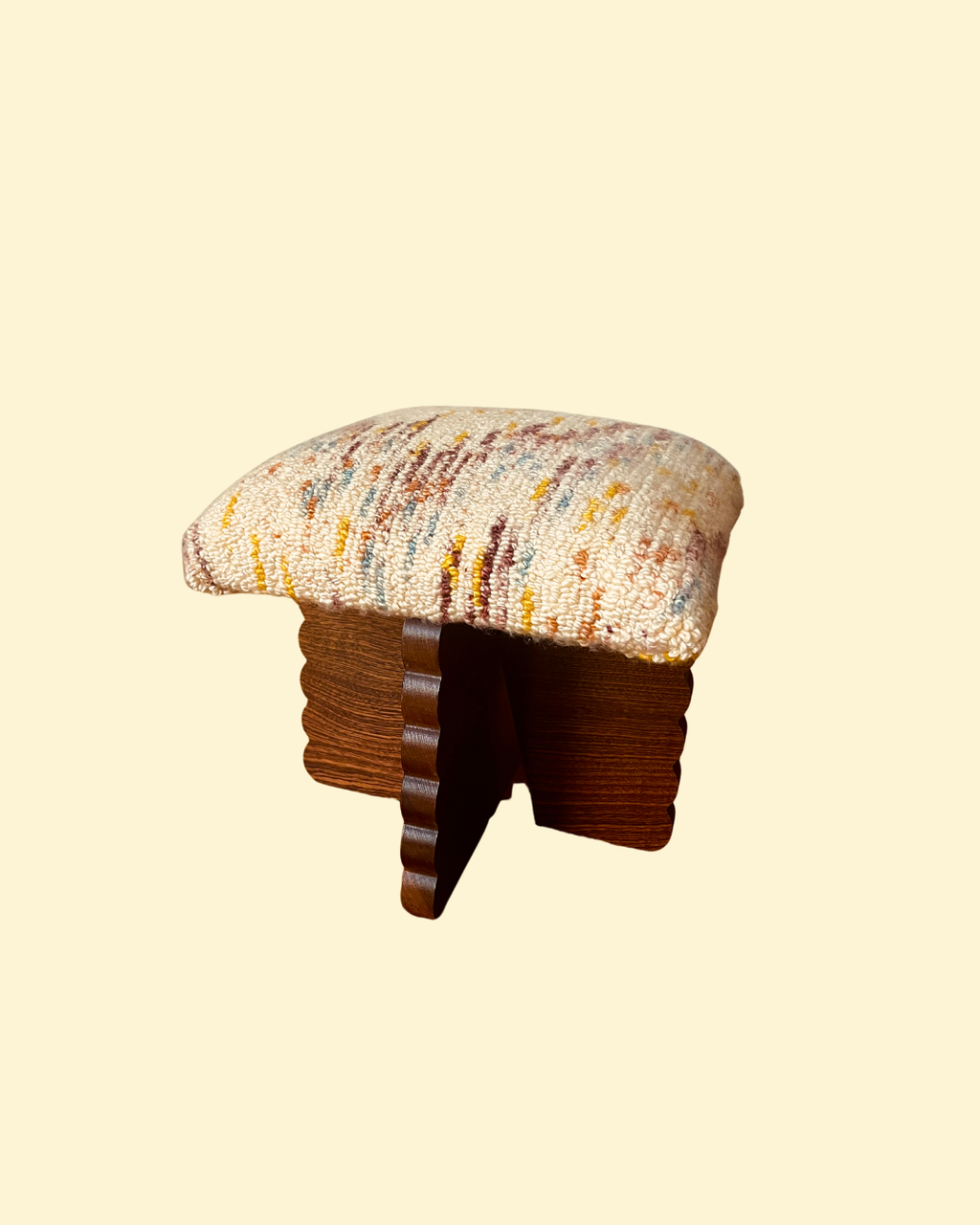 Scalloped Sapele Hardwood Stool with Hand-tufted Square Cushion