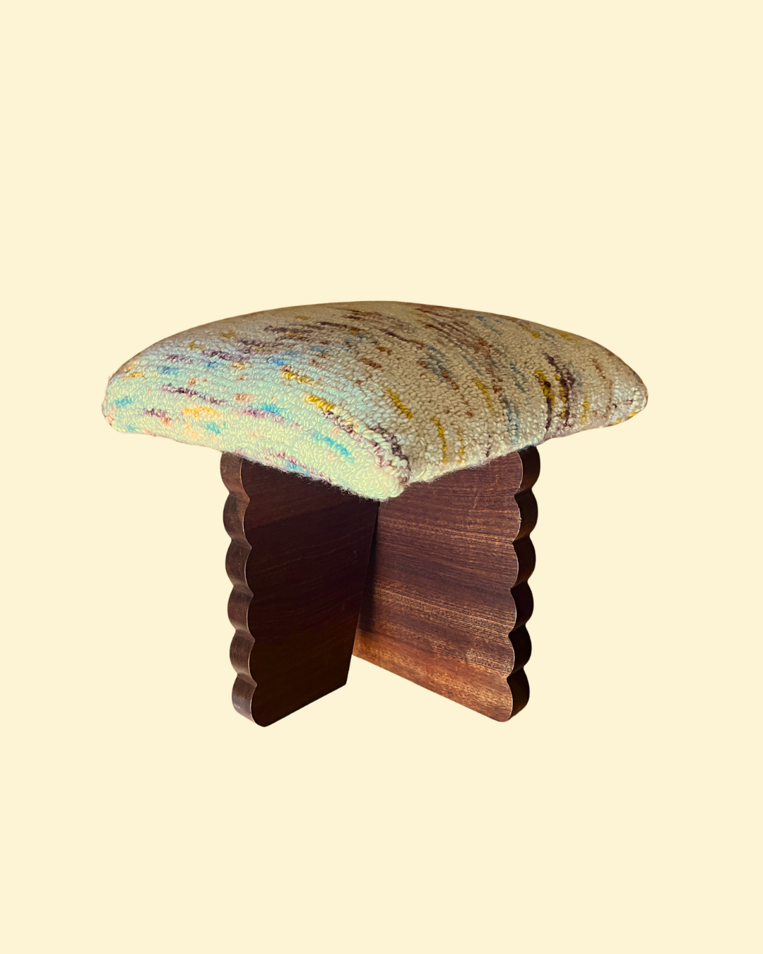 Scalloped Sapele Hardwood Stool with Hand-tufted Square Cushion
