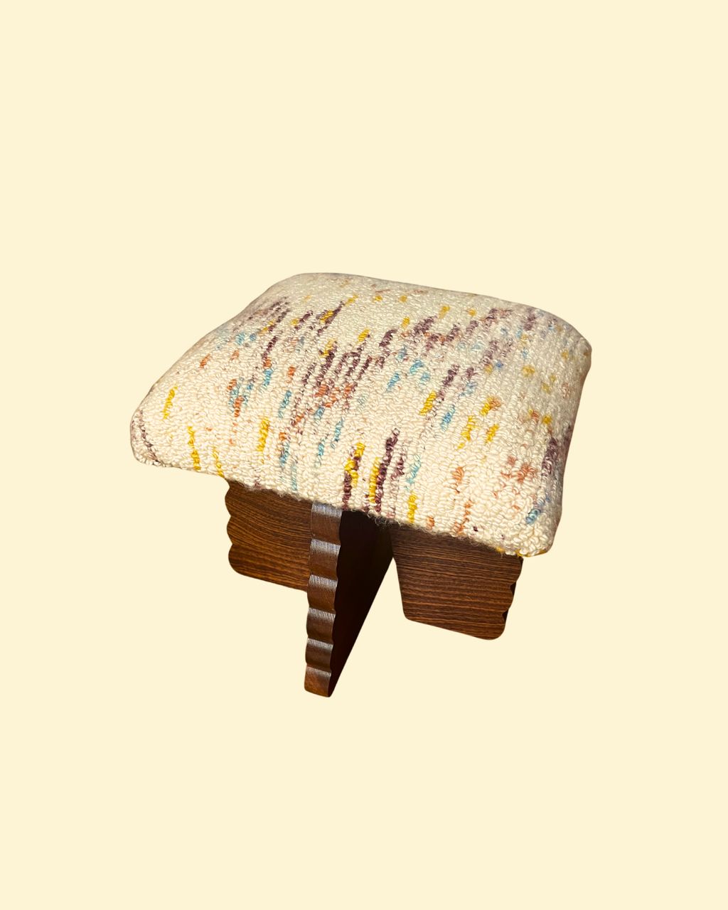 Scalloped Sapele Hardwood Stool with Hand-tufted Square Cushion