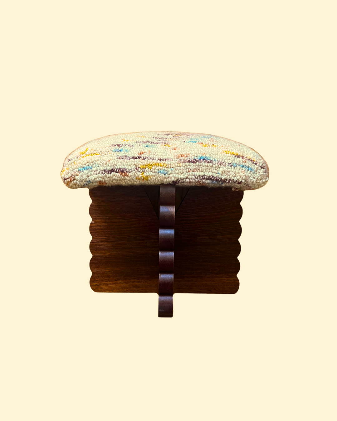 Scalloped Sapele Hardwood Stool with Hand-tufted Square Cushion